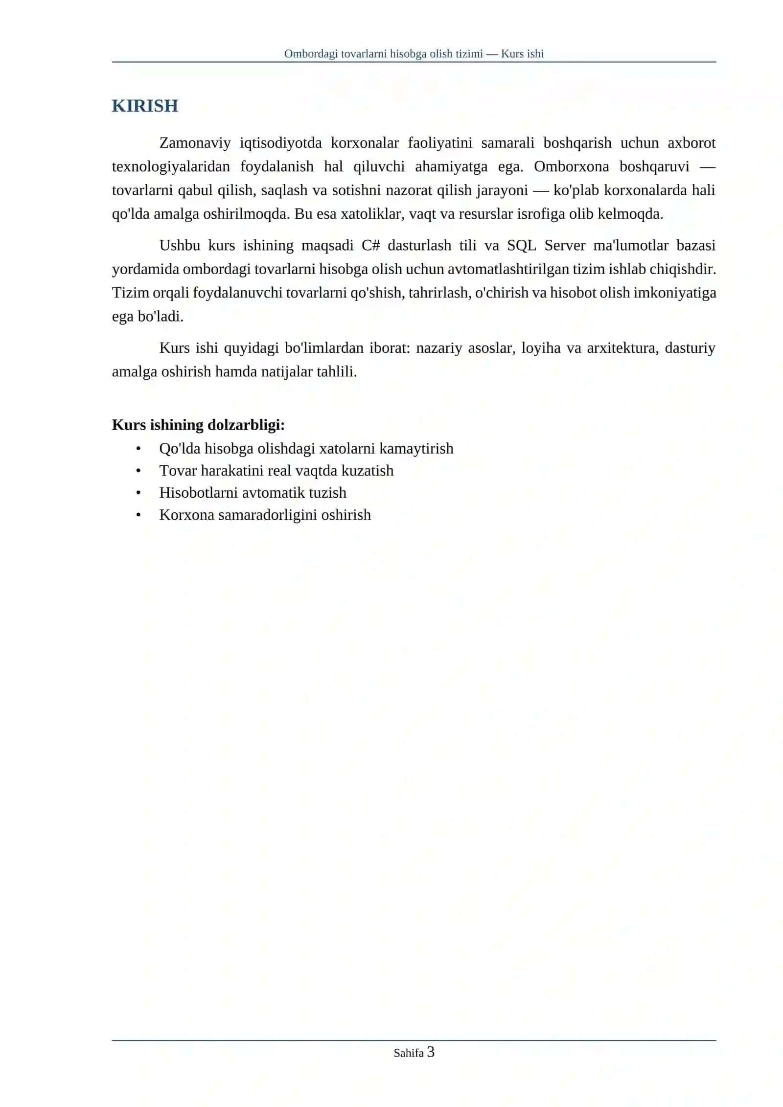 Mavzu: Ombordagi tovarlarni hisobga olish uchun ma'lumotlar bazasini boshqarish tizimini joriy etish (C# dasturlash tili asosida) 3