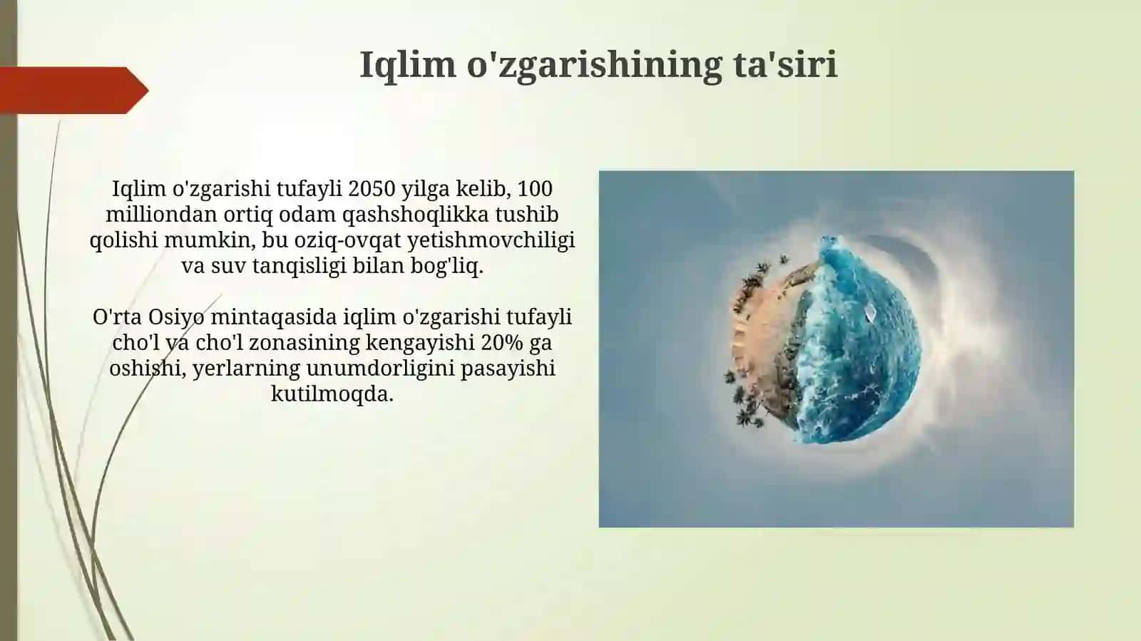 Iqlim o‘zgarishini keltiruvchi omillar manbalar va o'zgarishni oldini olish bo'yicha chora tadbirlar 3