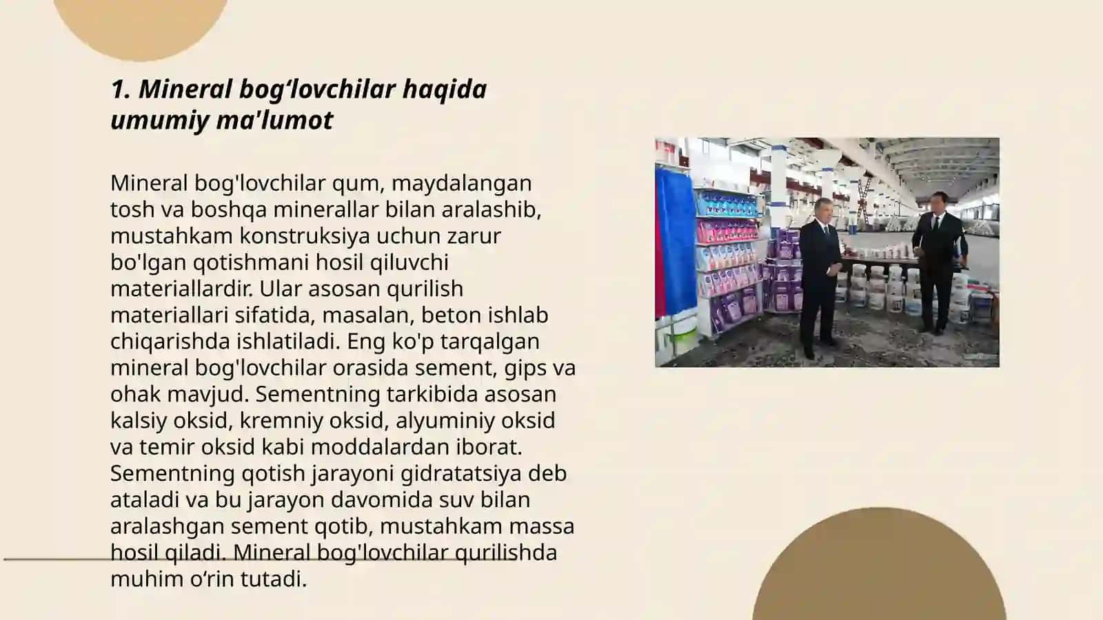 Mineral bog'lovchilar asosida olinadigan qurilish ashyolari 3