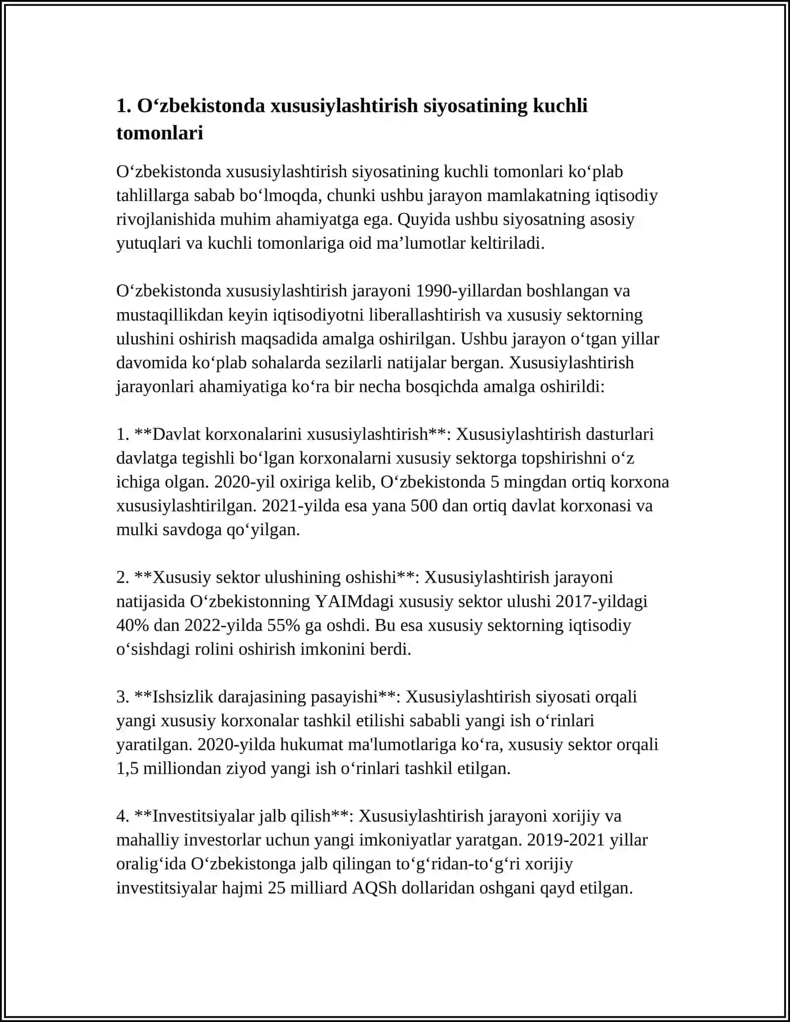 O'ZBEKISTONDA XUSUSIYLASHTIRISH BO'YICHA NORMATIV HUJJATLARNING SWOT TAHLILI 3
