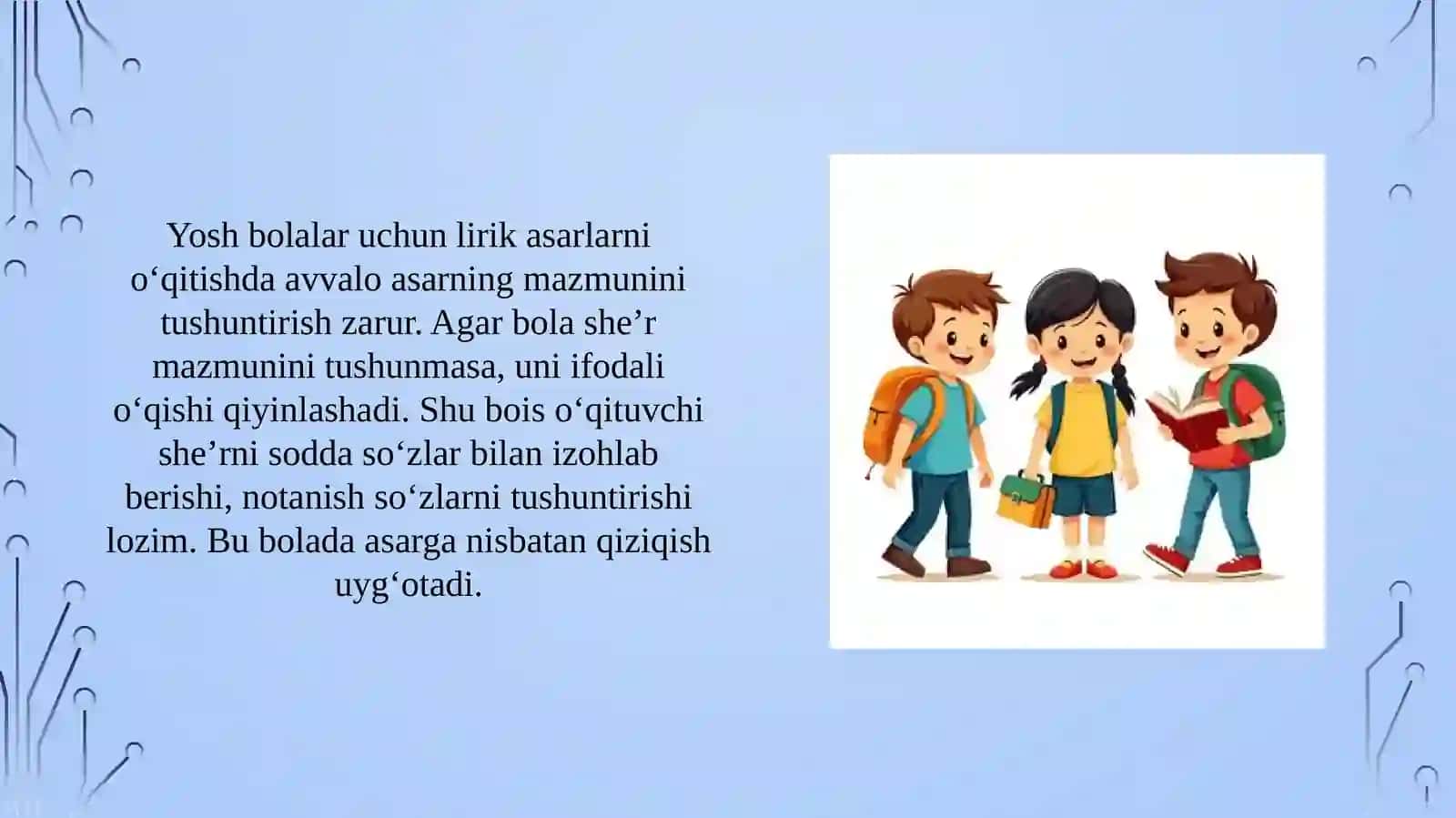 Lirikasarlarni ifodali va to’g’ri o’qishni o’rganish bo’yicha tavsiyalar ishlab chiqish 3
