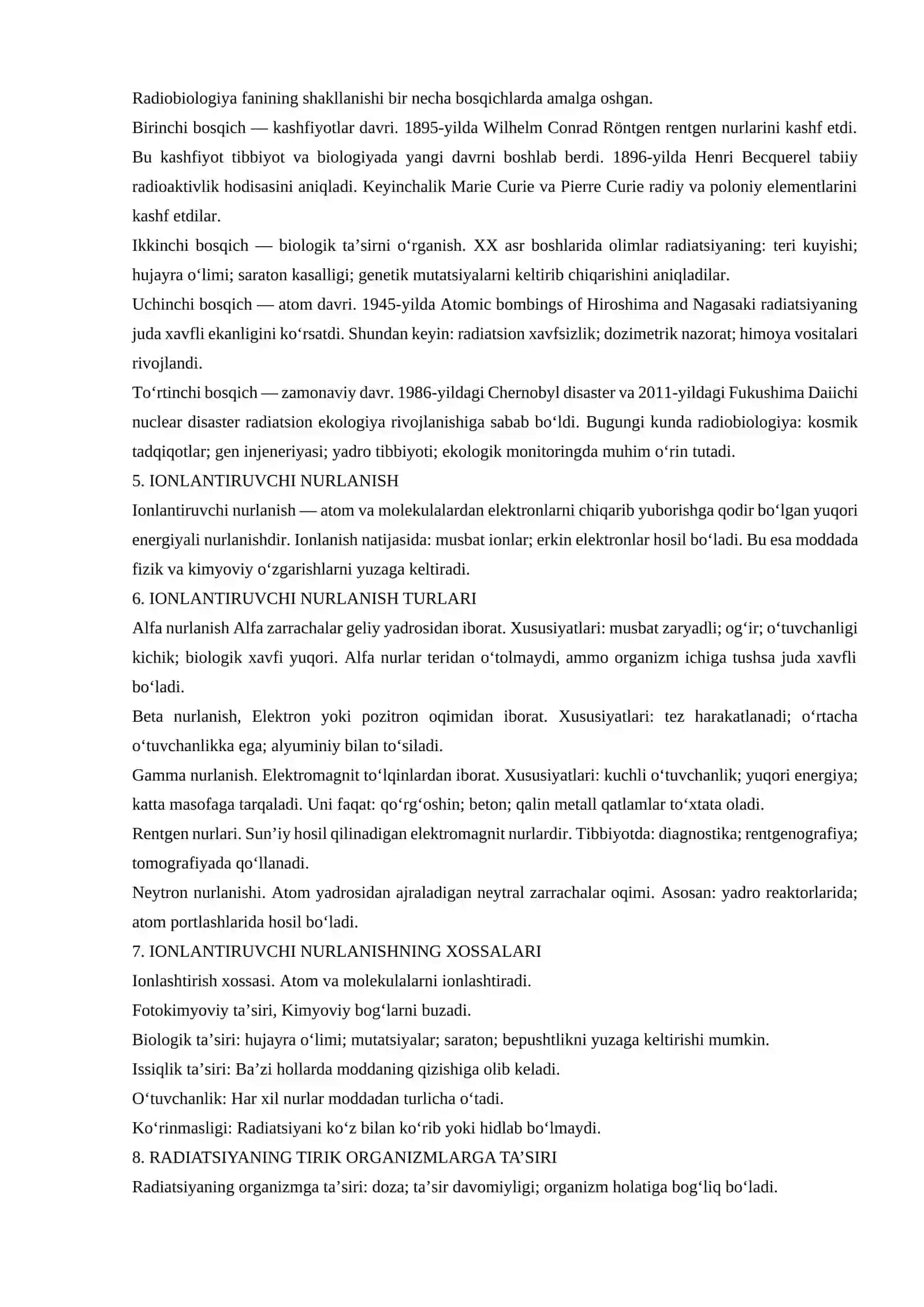 Radiobiologiya fanining predmeti, tadqiqot obyekti, maqsad va vazifalari, fan rivojlanish tarixi. Ionlantiruvchi nurlanish va uning xossalari. Dozimetriya qurilmalari 3