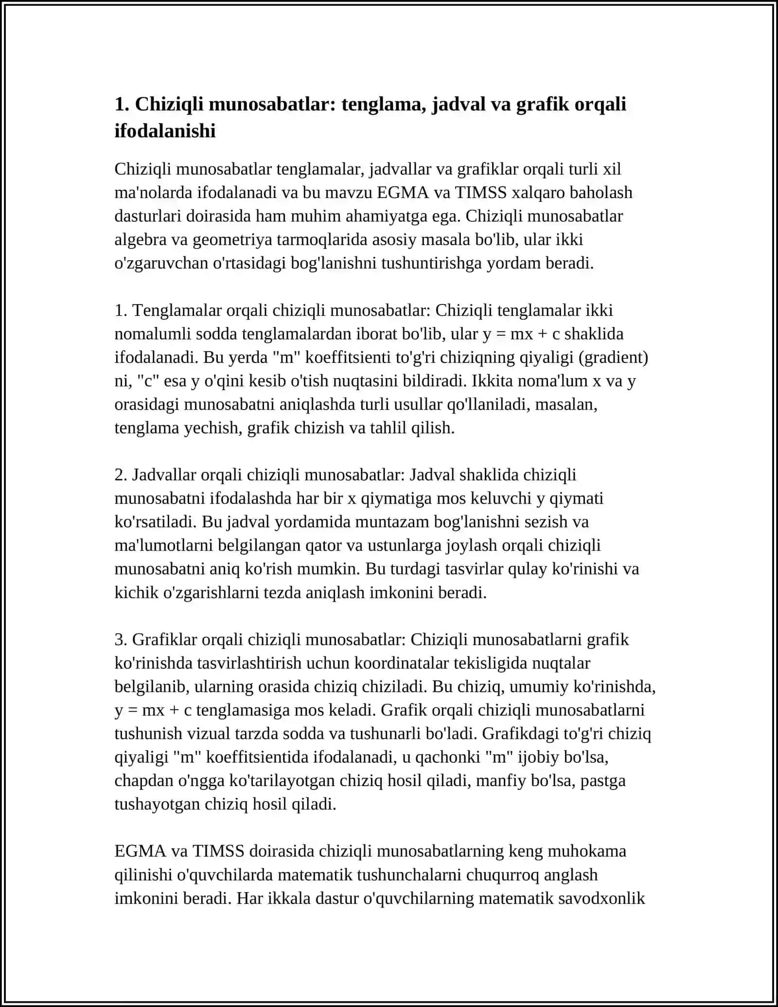 EGMA VA TIMSS XALQARO BAHOLASH DASTURIDA"O'ZGARISH VA BOG'LANISHLAR" MAZMUN SOHASIGA OID TOPSHIRIQLAR 3
