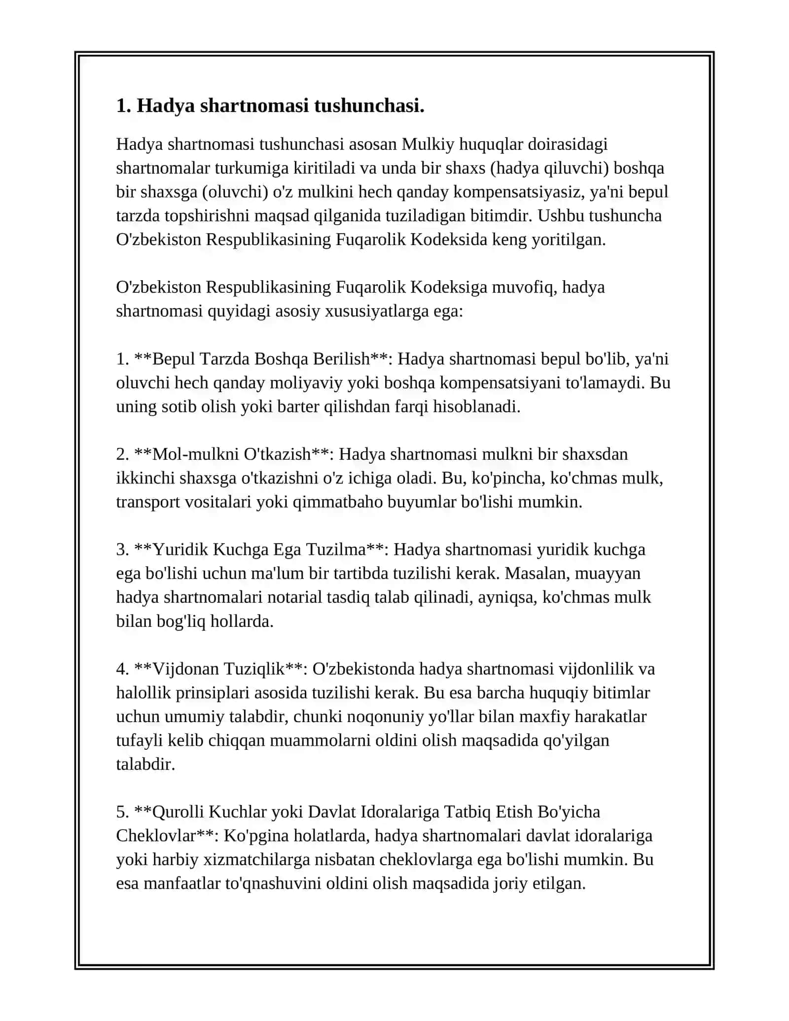 HADYA SHARTNOMASI TUSHUNCHASI. HADYA SHARTNOMASI HUQUQIY BELGILARI VA PREDMETI 3