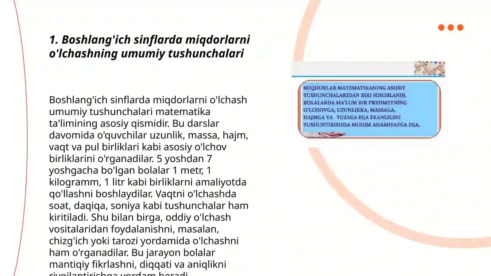 Boshlanĝich sinflarda miqdorlarni òlchash, òlchov birliklarining turlari orasidagi boĝliklar va ustida amallar bajarishga òrgatish metodikasi 3