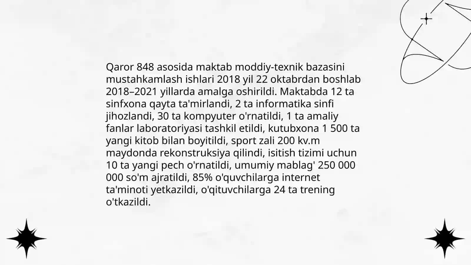 Qaror 848 asosida maktab moddiy-texnik bazasini mustahkamlash ishlari tahlili 3