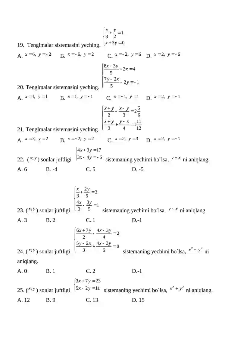 8-sinf. MATEMATIKA. I-chorak I – variant 3
