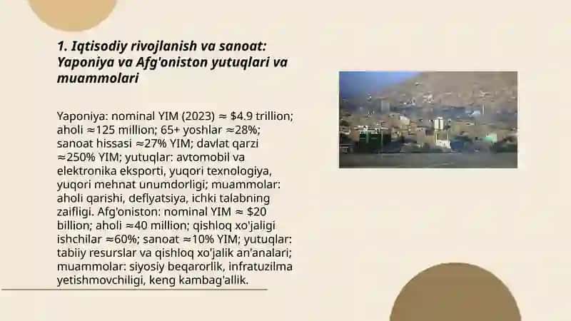 Iqtisodiy rivojlanish va sanoat: Yaponiya va Afg'oniston yutuqlari va muammolari 3