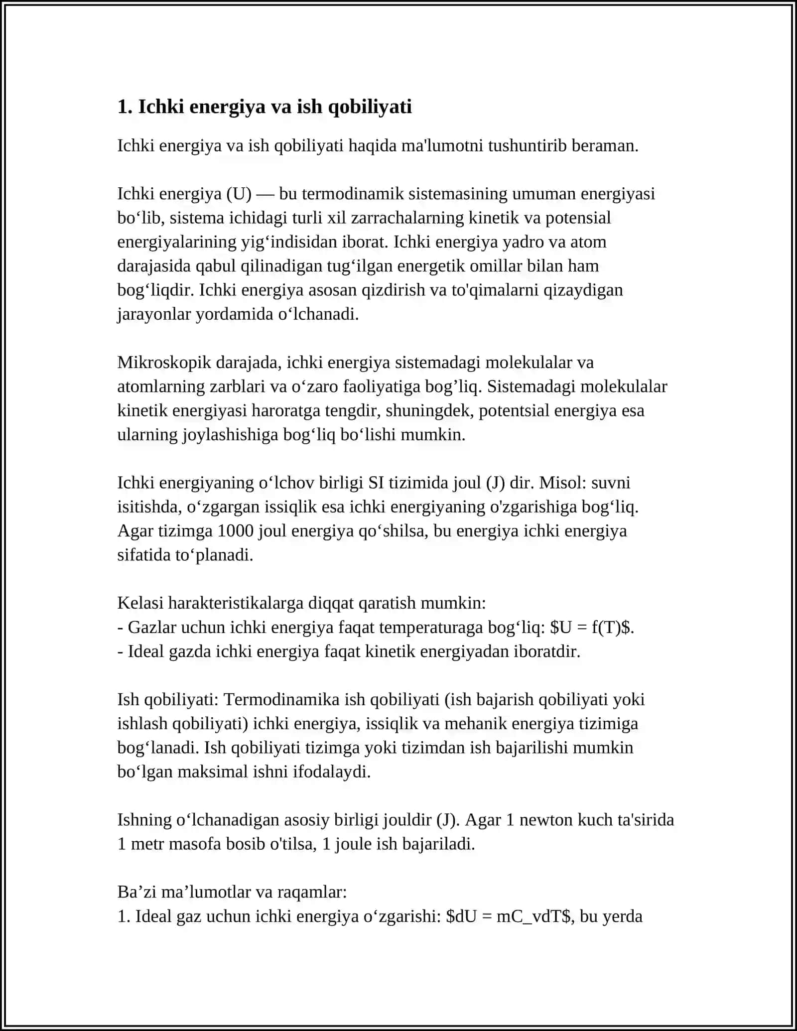 TERMODINAMIKANING QONUNLARI MAVZUSIGA DOIR MASALALAR YECHISH 3