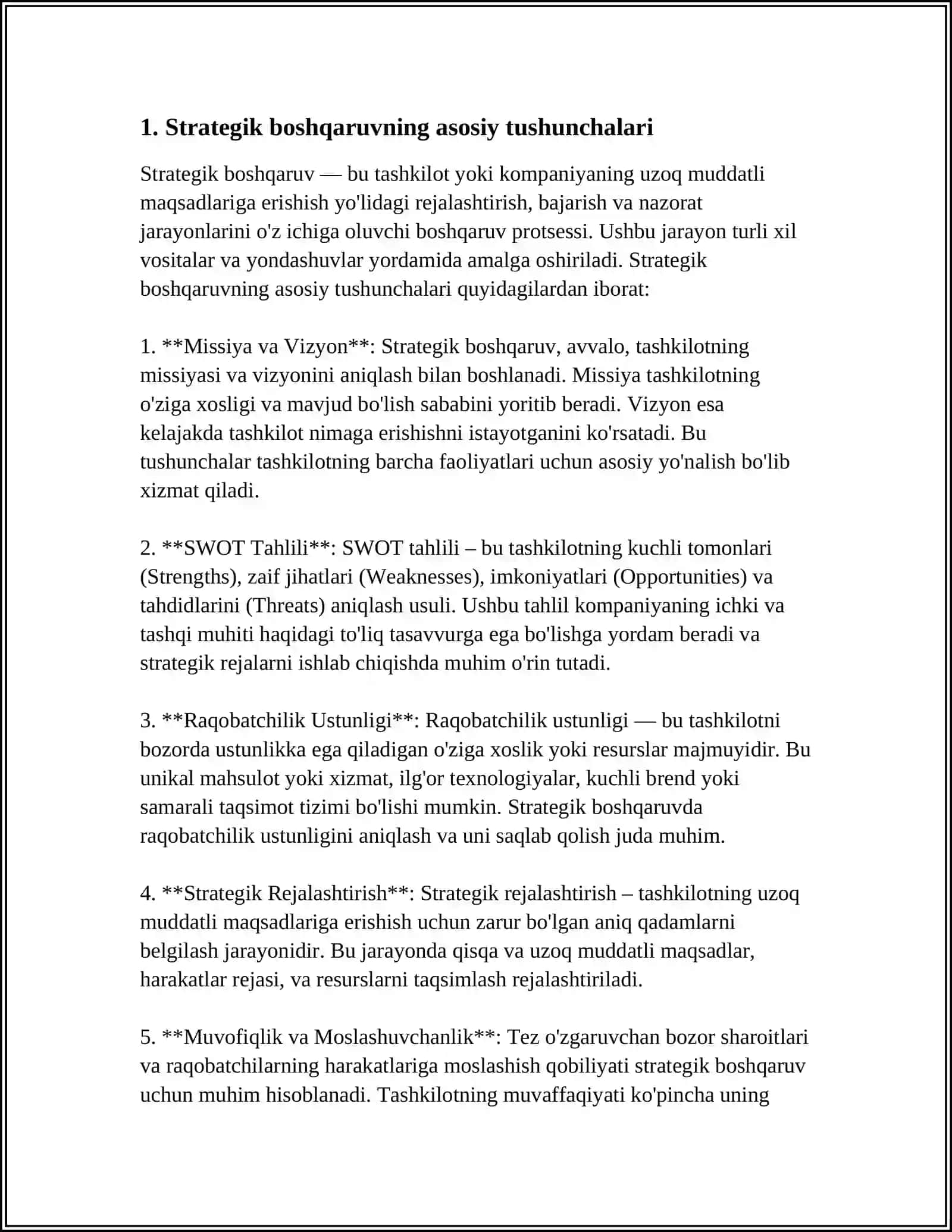 STRATEGIK BOSHQARISHNING MOHIYATI VA MAZMUNI. KORXONADA STRATEGIK BOSHQARUV 3