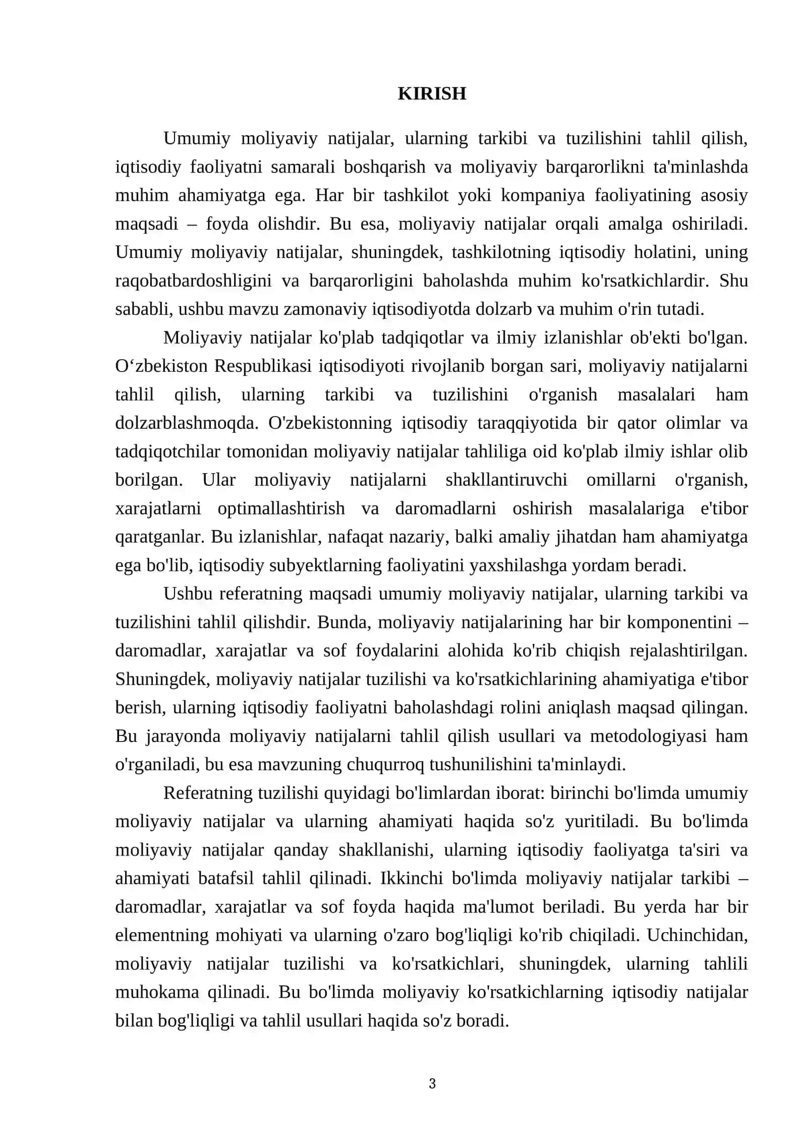 Umumiy moliyaviy natijalar, ularning tarkibi va tuzilishini tahlili 3