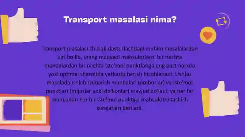 Chiziqlidasturlash va optimallashtirishda transport masalasini yechish 3