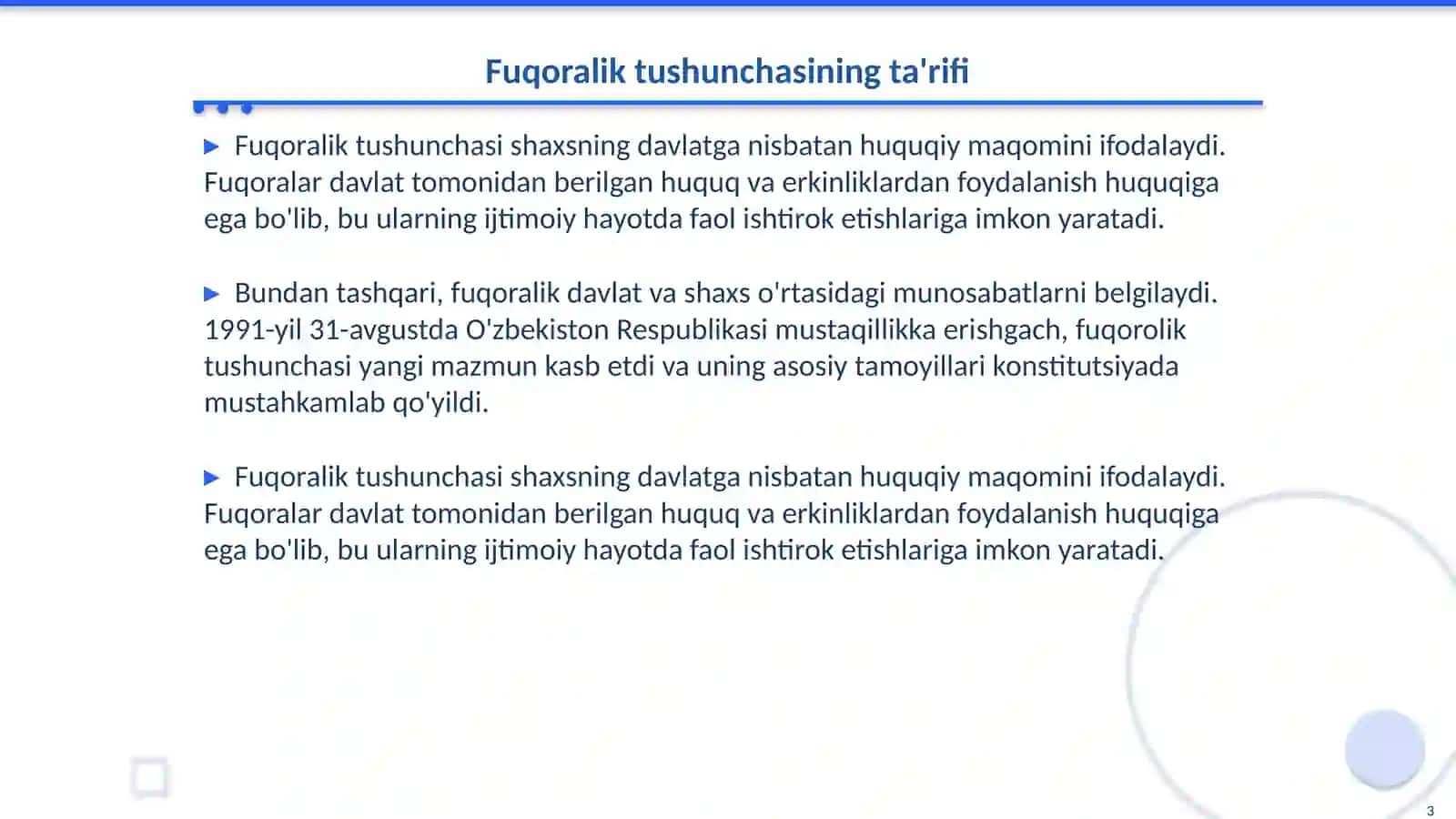 Fuqoralik tushunchasi, fuqoralarning huquqlarini himoya qilish, fuqoralarning shaxsiy huquq va erkinliklarini 3