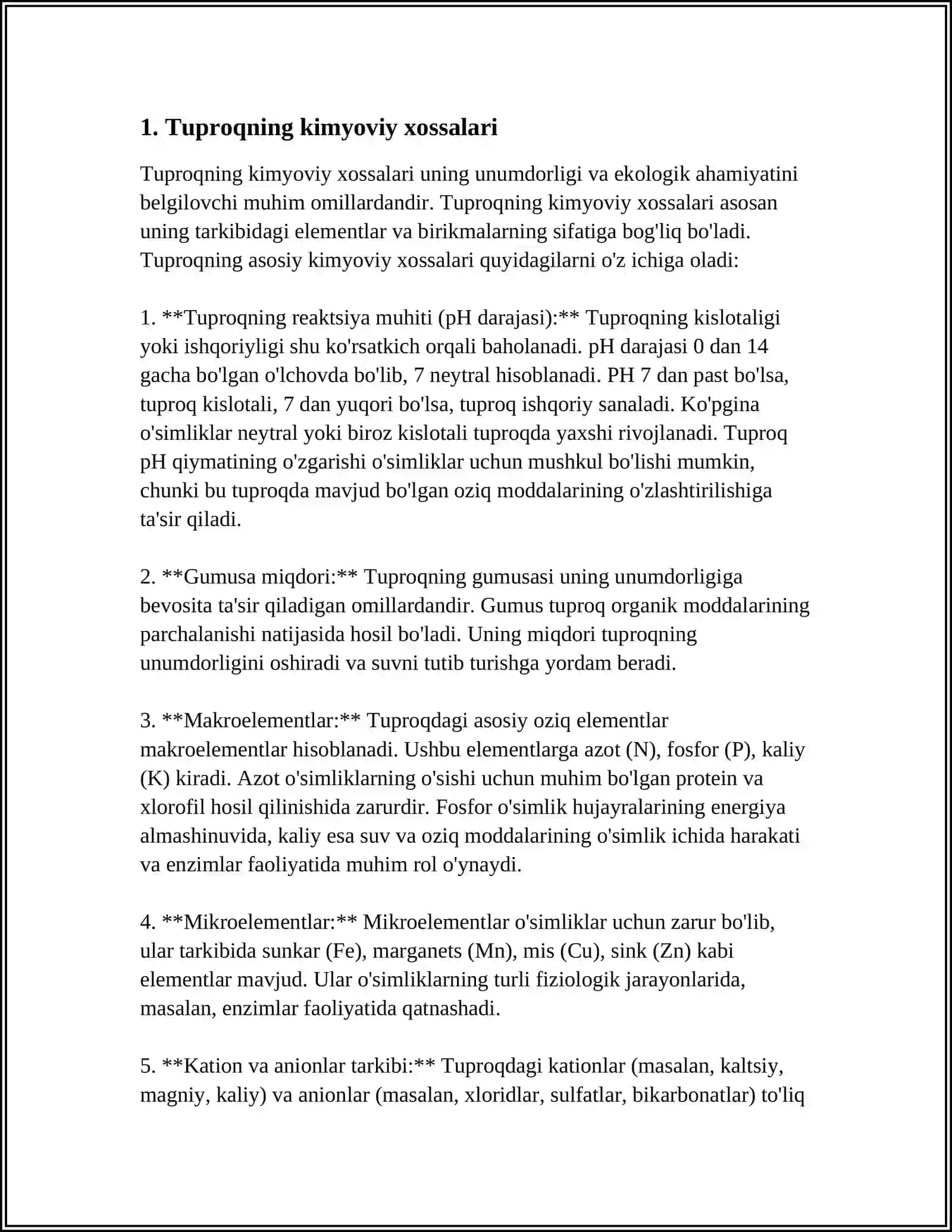 MUSTAQIL ISH Mavzu: TUPROQNI KIMYOVIY TARKIBI. TUPROQDAGI KIMYOVIY ELEMENTLARI, ULARNING BIRIKMALARI VA O'SIMLIKGA O'TISHI 3