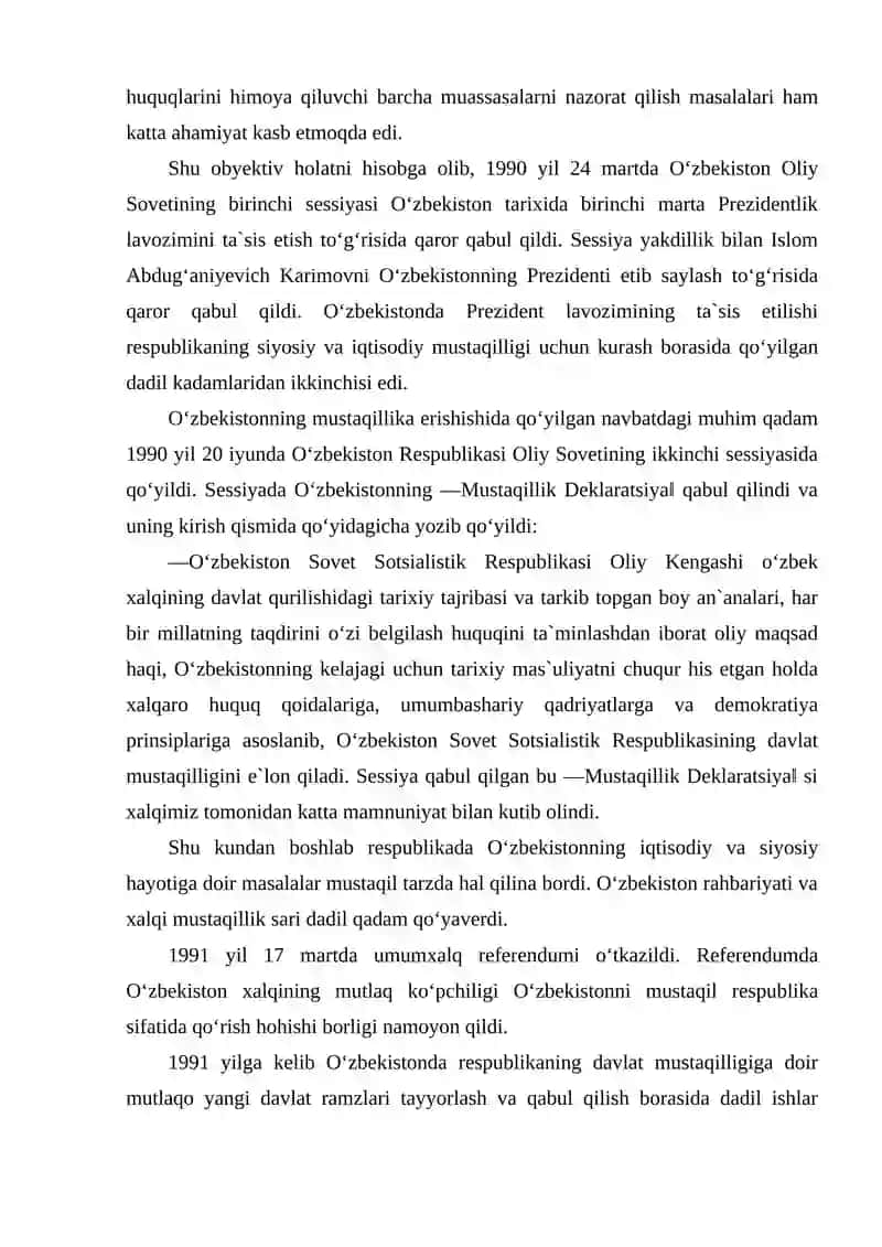 O‘zbekistonning davlat mustaqilligining e`lon qilinishi va uning tarixiy ahamiyati 3