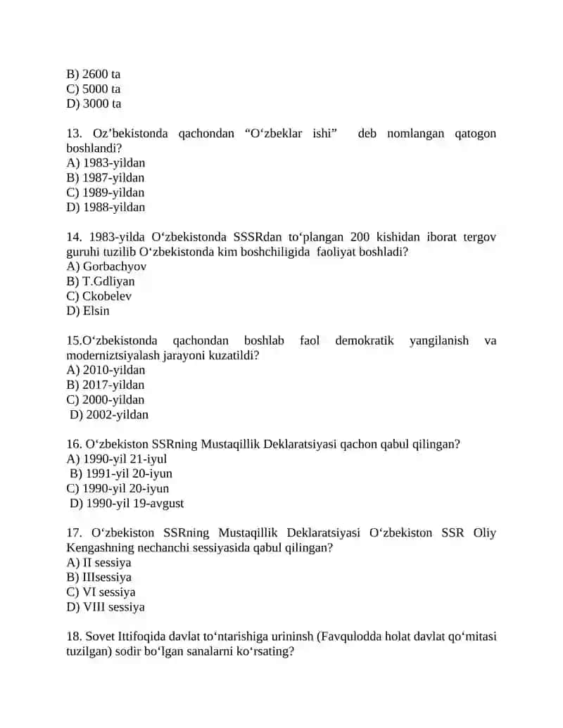 “Oʻzbekistonning eng yangi tarixi” oʻquv kursi boʻyicha test savollari 3