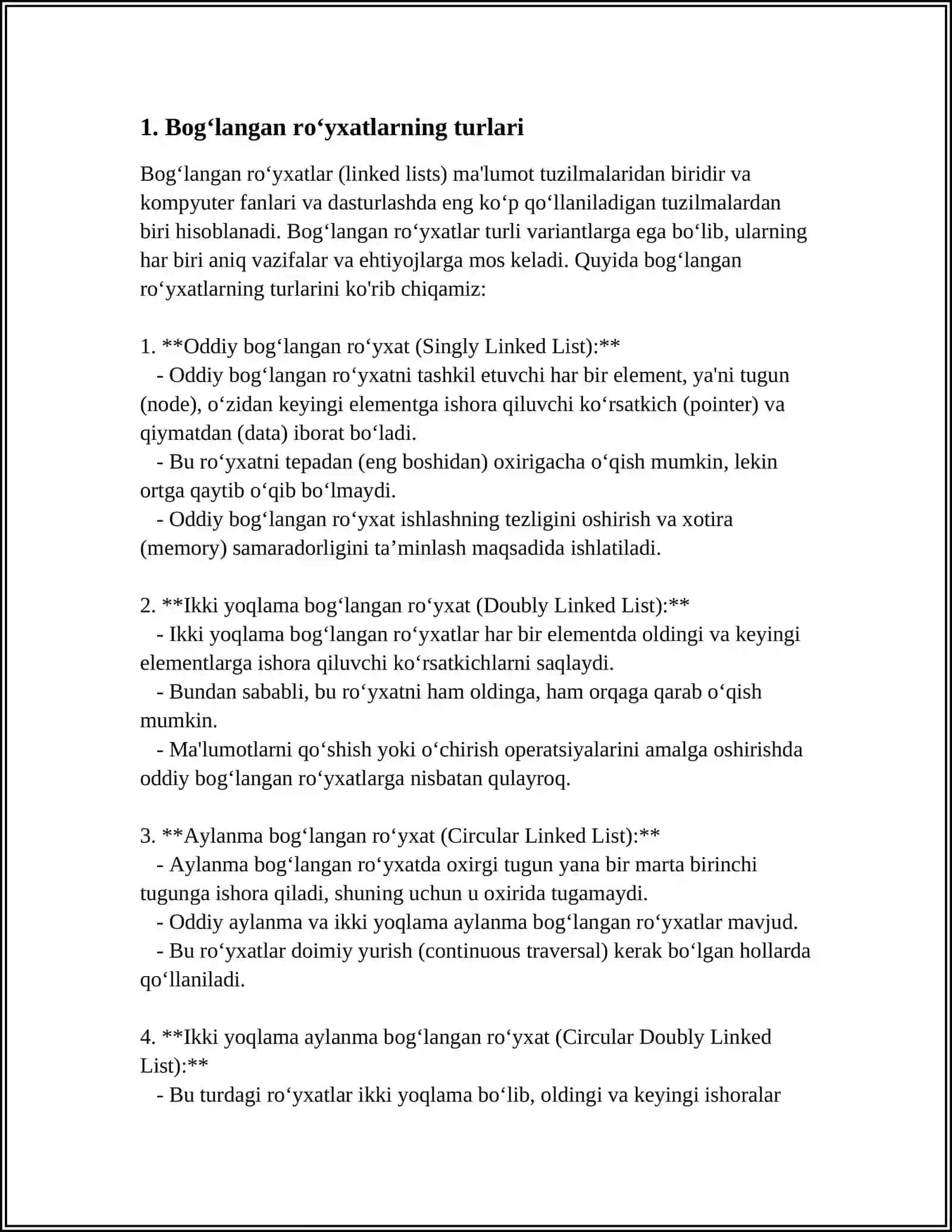 BIR BOG‘LAMLI RO‘YXATLAR USTIDA AMALLAR VA ULARNING ALGORITMLARI 3