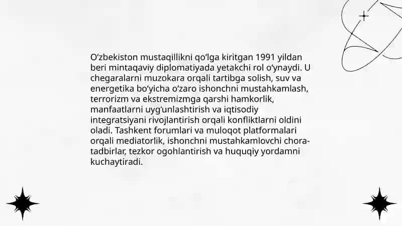 O‘zbekistonning Markaziy Osiyoda tinchlik va barqarorlikni ta’minlashdagi o‘rni 3