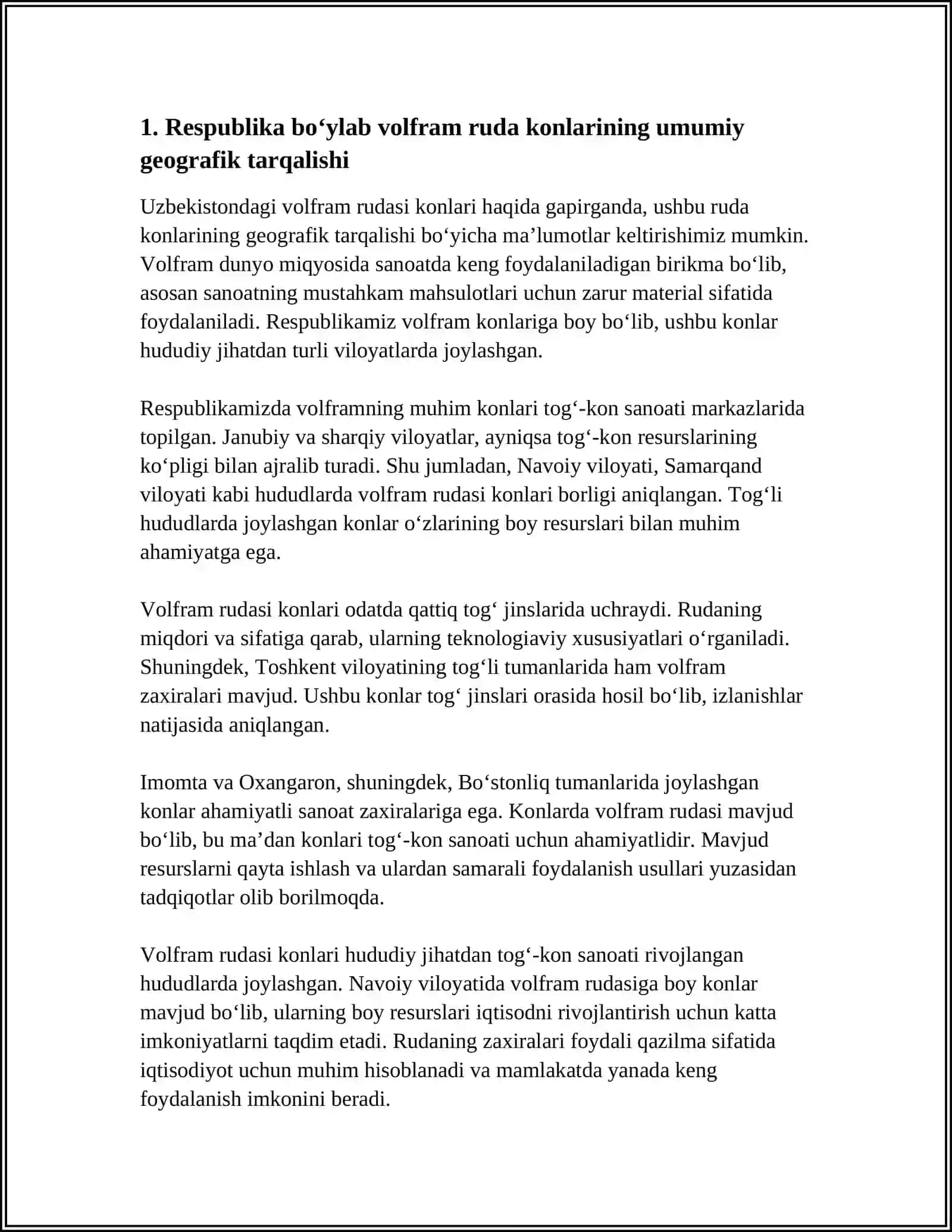 RESPUBLIKAMIZDAGI VOLFRAM RUDA KONLARI TASNIFIVA ULARNI QAYTA ISHLASH USULLARI REFARAT 3
