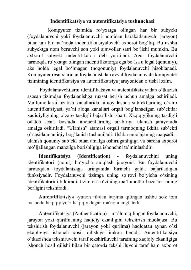 Identifikatsiya va autentifikatsiya tushunchasi va vazifalari + Kiberxavfsizlik fanidan 40 ta test 3