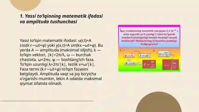 Yassi to'lqin amplitudasi, intensivligi va energiyasi. Umov vektori. Gaz va suyugliklarda elastik to'lginlar. 3