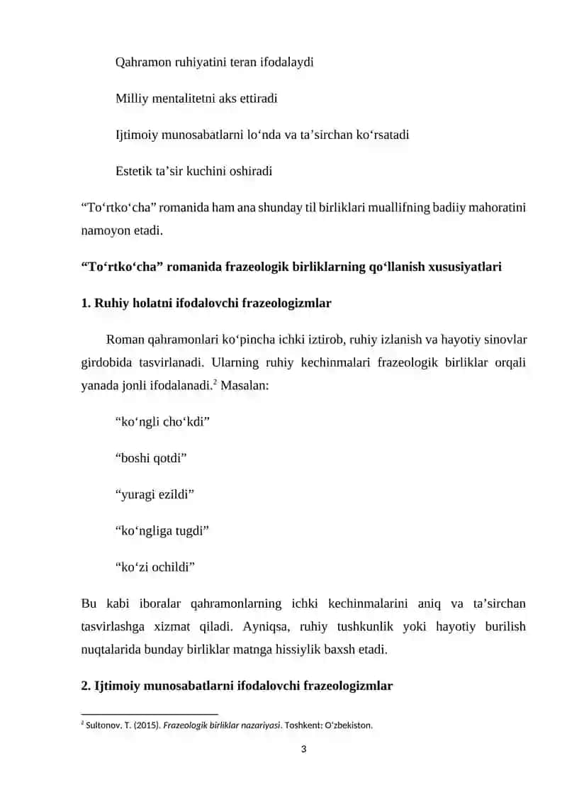 "To‘rtko‘cha" romanida qo‘llangan frazeologik birliklar 3