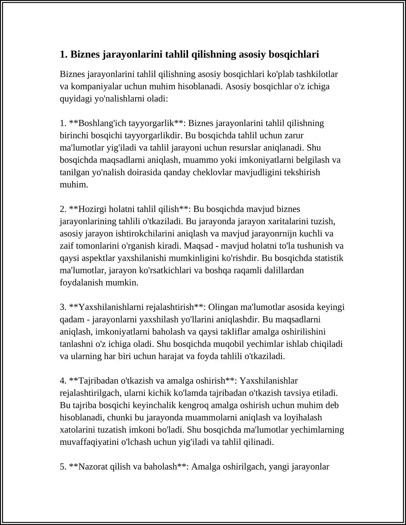 BIZNES JARAYONLARINI TATQIQ QILISHNING ASOSIY BOSQICHLARI VA ULARNING ASOSIY XUSUSIYATLARI 3
