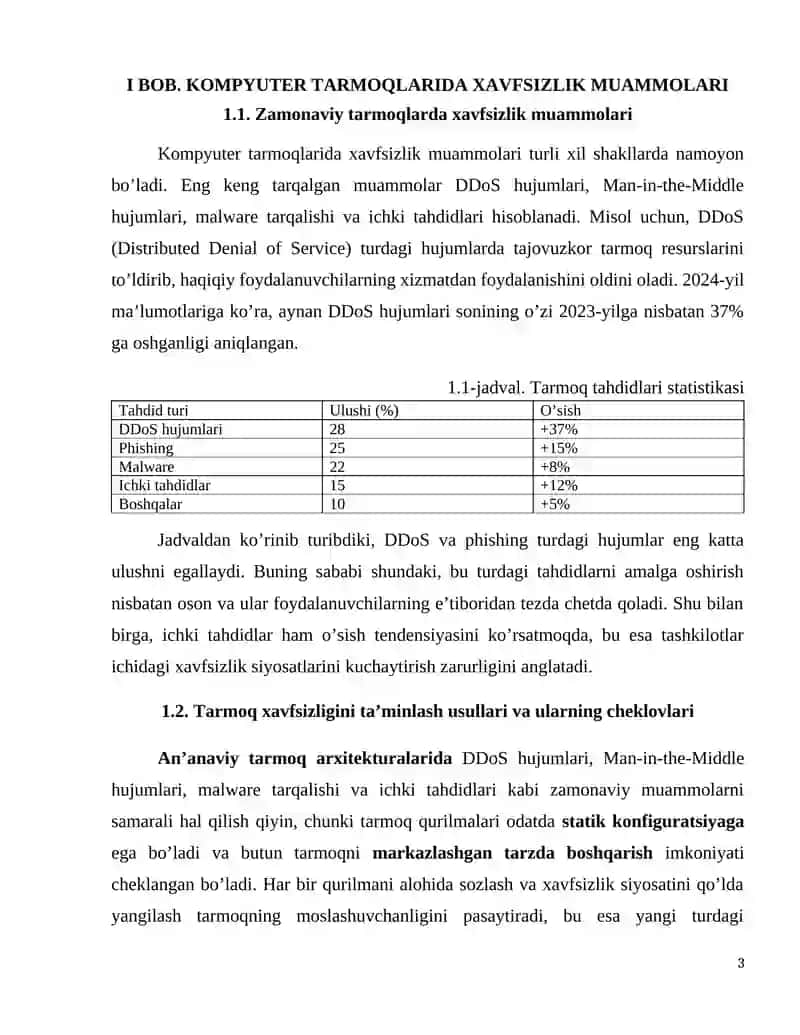 Kompyuter tarmoqlarida xavfsizlik muammolari va yechimlari. SDN (Dasturiy boshqariladigan tarmoqlar) arxitekturasi va qo’llanilishi 3