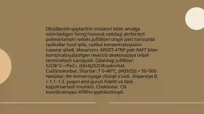Akrilonitrilning oksidlanish-qaytarilish inisiatori bilan polimerlanishi 3