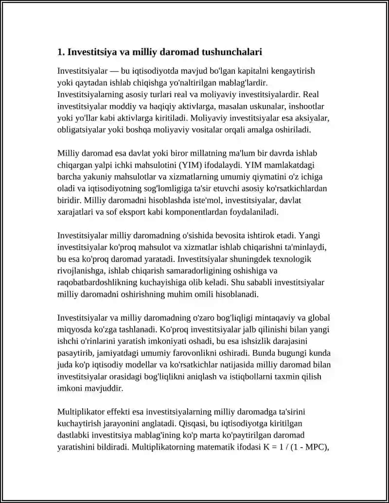 INVESTITSIYALAR VA MILLIY DAROMADLARNING O’ZARO BOG’LIQLIGI. MULTIPLIKATOR EFFEKTI VA UNING GRAFIK KO’RINISHI 3