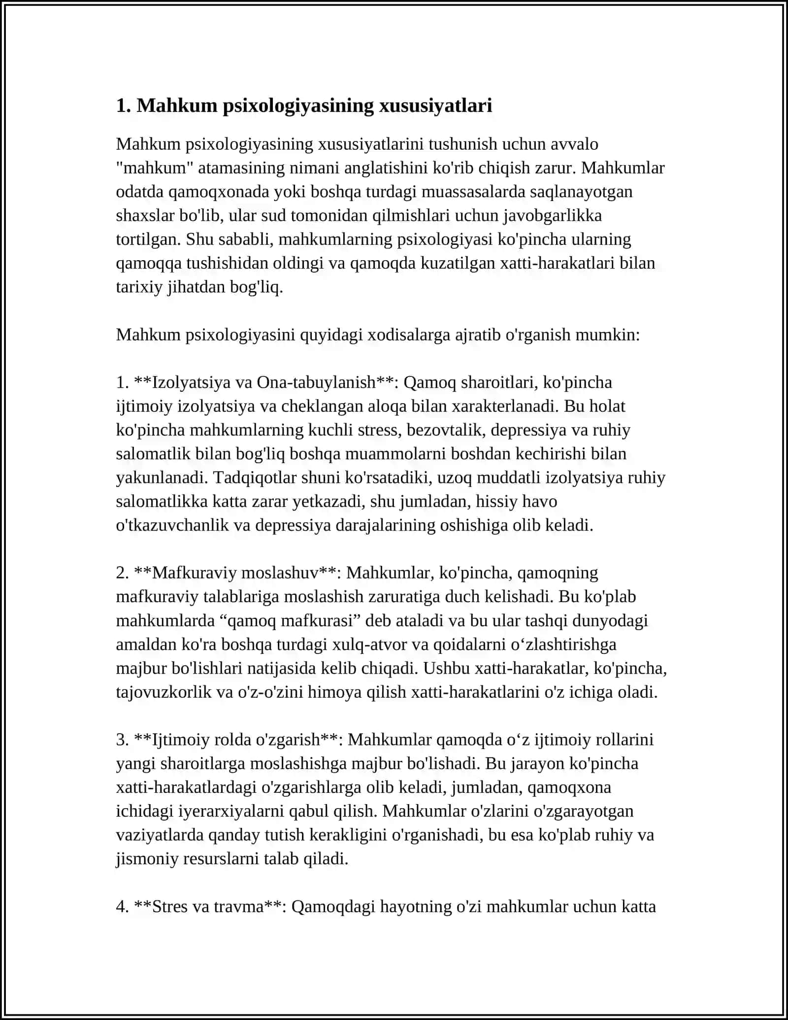 MAHKUM PSIXOLOGIYASI VA RESOTSIALLASHTIRISH VAZIFALARI. MAHKUMNI VA JAZONI O‘TAGAN SHAXSLARNI QAYTA TARBIYALASHNING PSIXOLOGIK VOSITALARI VA SHARTLARI 3