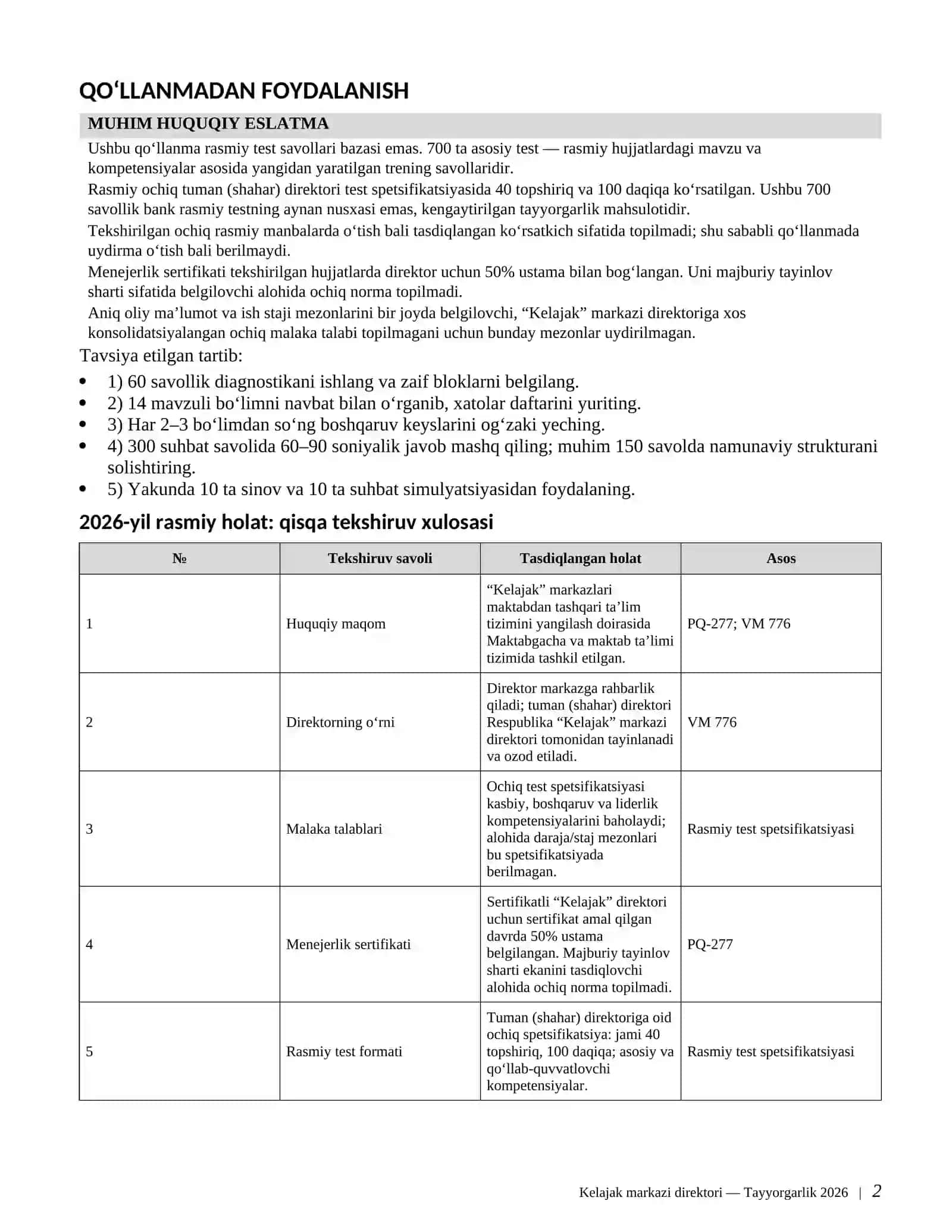 Kelajak markazi direktori 2026 | 700+ test + 300+ suhbat savoli + 150+ boshqaruv keysi | Javoblari b 3