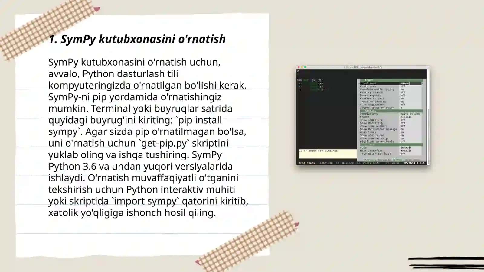 SymPy kutubxonasini o'rnatish 3