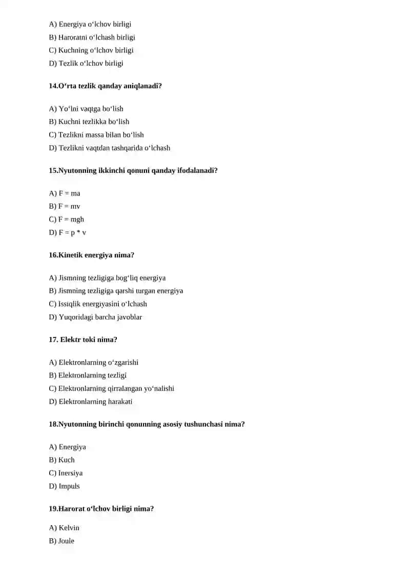 Fizika fanidan Test kalitlari bilan 3