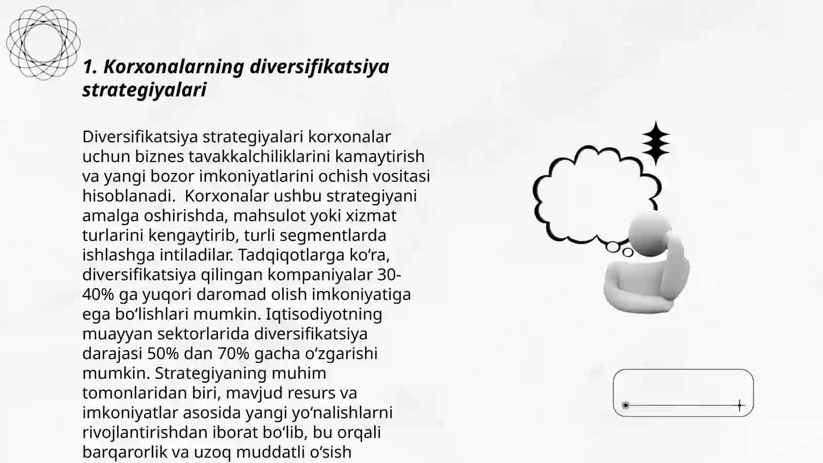 Korxonalarning faoliyat sohalarini va ishlab chiqaradigan mahsulotlar turini kengaytirish (diversifikatsiyasi) 3