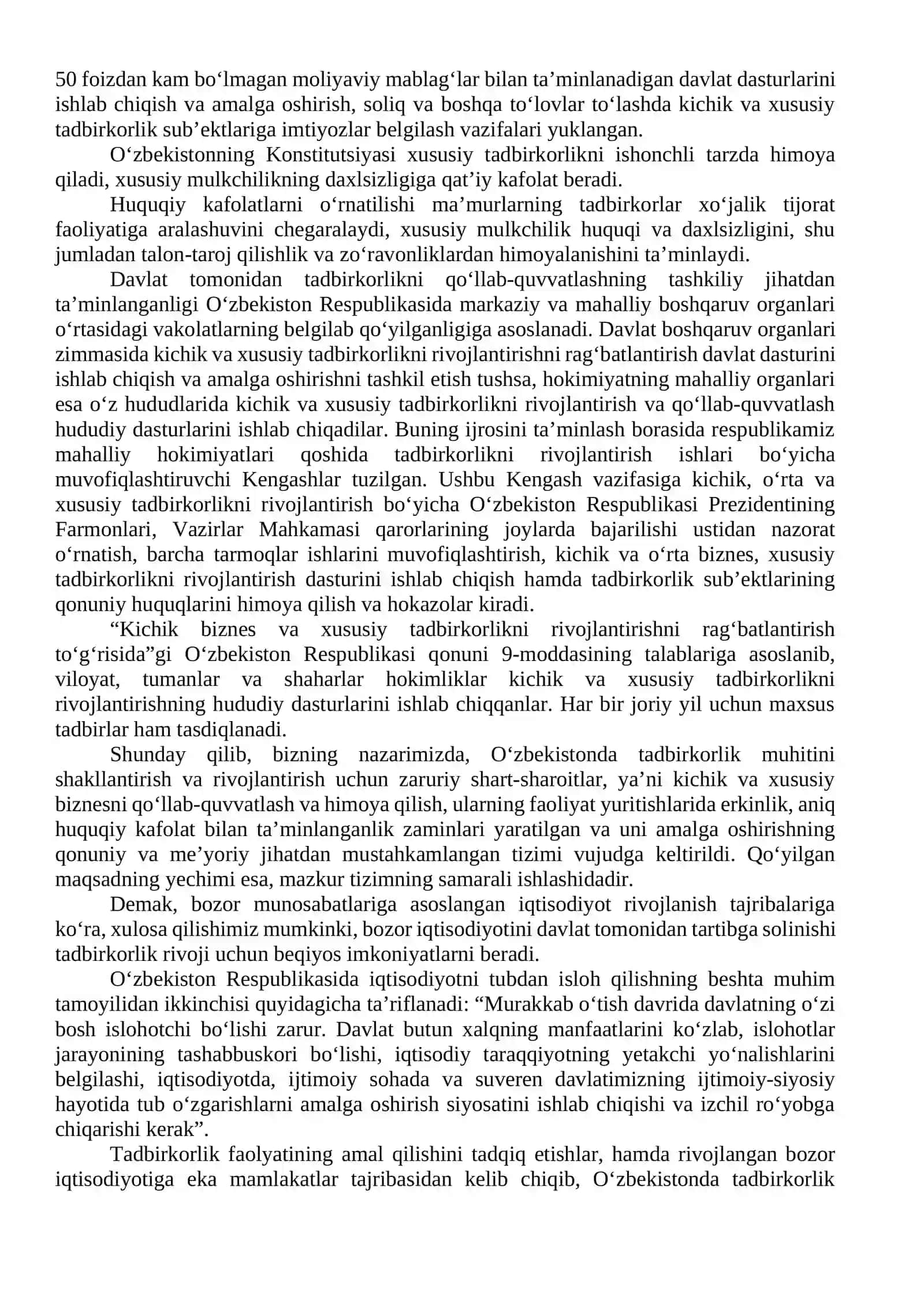 Kichik biznes va xususiy tadbirkorlik faoliyatini davlat tomonidan tartibga solish hamda qo‘llab quvvatlashning tashkiliy-huquqiy asoslari 3