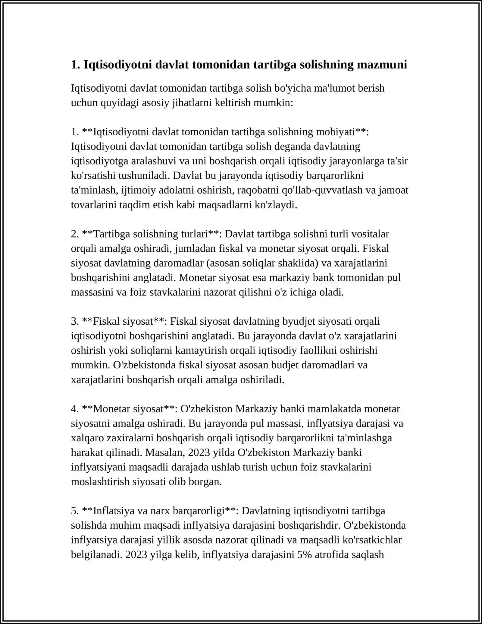IQTISODIYOTNI DAVLAT TOMONIDAN TARTIBGA SOLISH: ZARURLIGI, SHAKLLARI VA CHEGARALARI 3