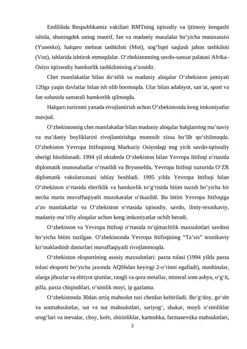 O'zbekiston tashqi savdo munosabatlari geografiyasining sifat jihatidan o’zgarib borishi 3