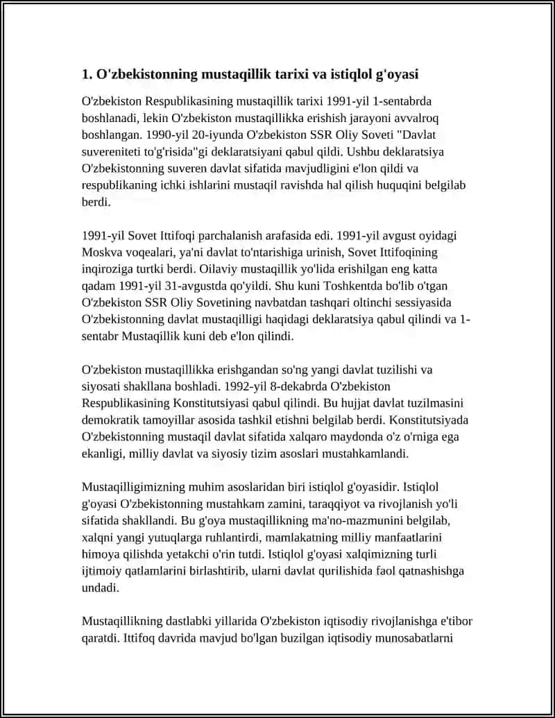 O'ZBEKISTON O'ZIGA XOS ISTIQLOL VA TARAQQIYOT YО‘LI Referat 3