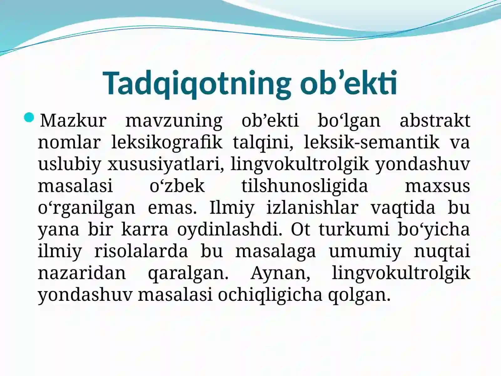 O‘ZBEK TILIDA ABSTRAKT NOMLAR ORQALI IFODALANUVCHI KONSEPTLARNING LINGVOKULTROLOGIK TADQIQI 3