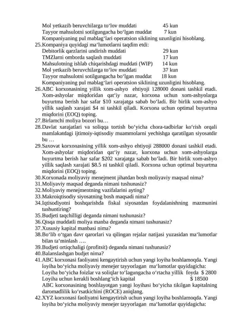 YAKUNIY NAZORAT TEST SAVOLLARI 3