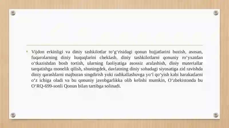 Vijdon erkinligi va diniy tashkilotlar toʻgʻrisidagi qonun hujjatlarini buzish 3