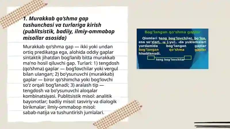 Murakkab qo‘shma gaplar va ularning nutqiy ko‘rinishlari (publitsistik, badiiy, ilmiy-ommabop asarlar asosida) 3