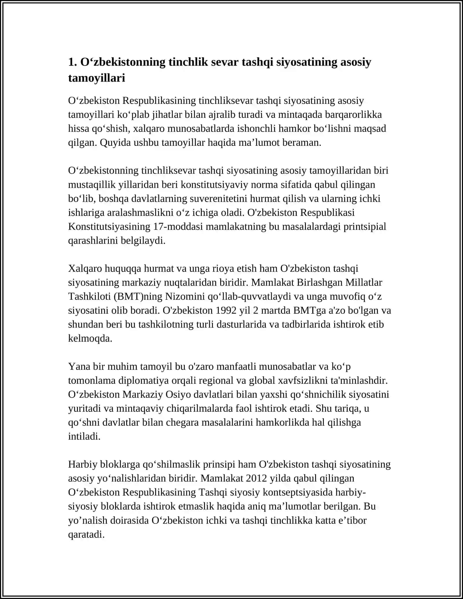 Oʻzbekistonning Tinchlik Sevar Tashqi Siyosati va Uning Jaxon Hamjiyati Tan Olinishi 3