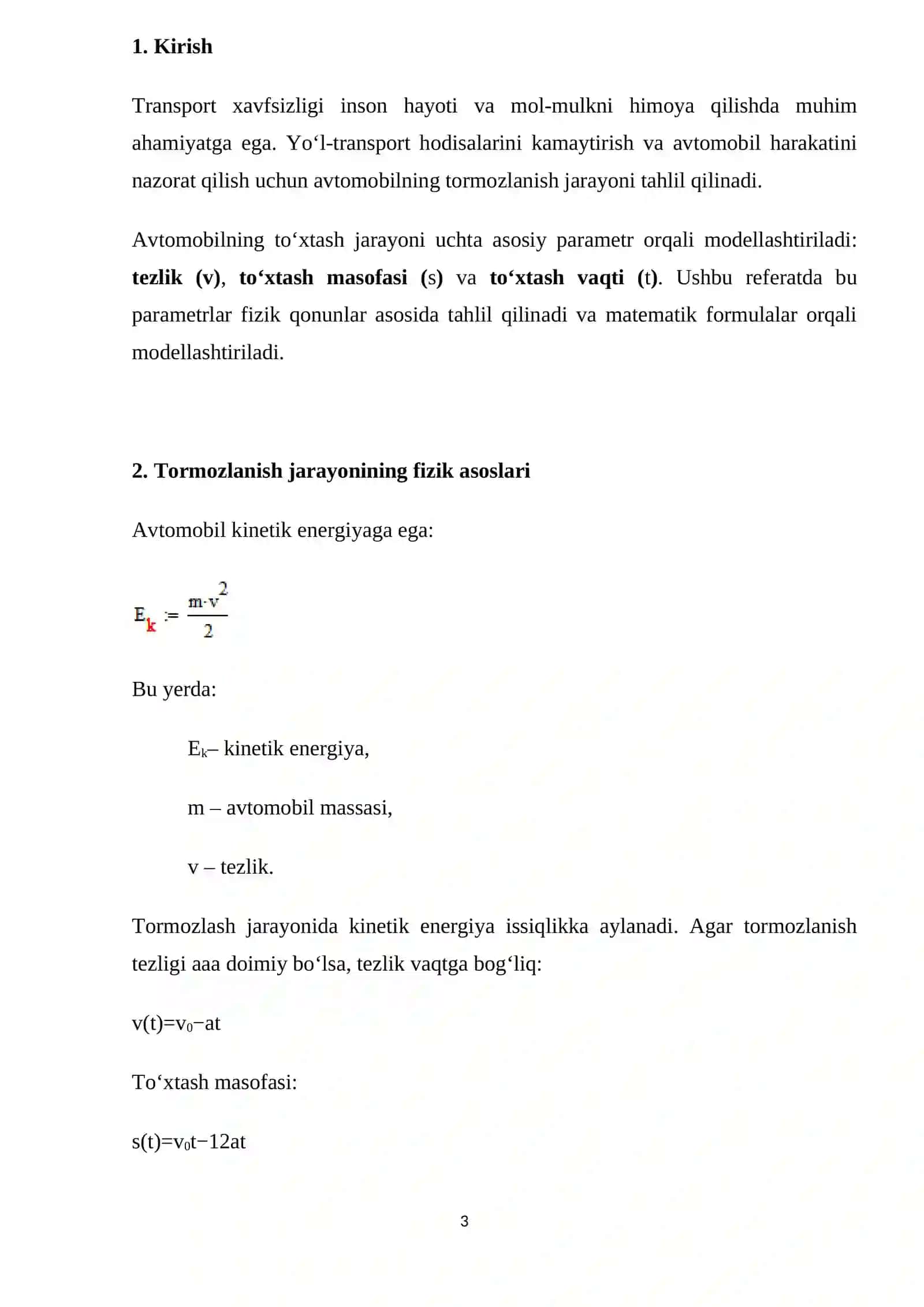 AVTOMOBILNING TORMOZLANISH DINAMIKASI: TEZLIK, YO‘L VA VAQT ORASIDAGI BOG‘LANISH MODELI 3