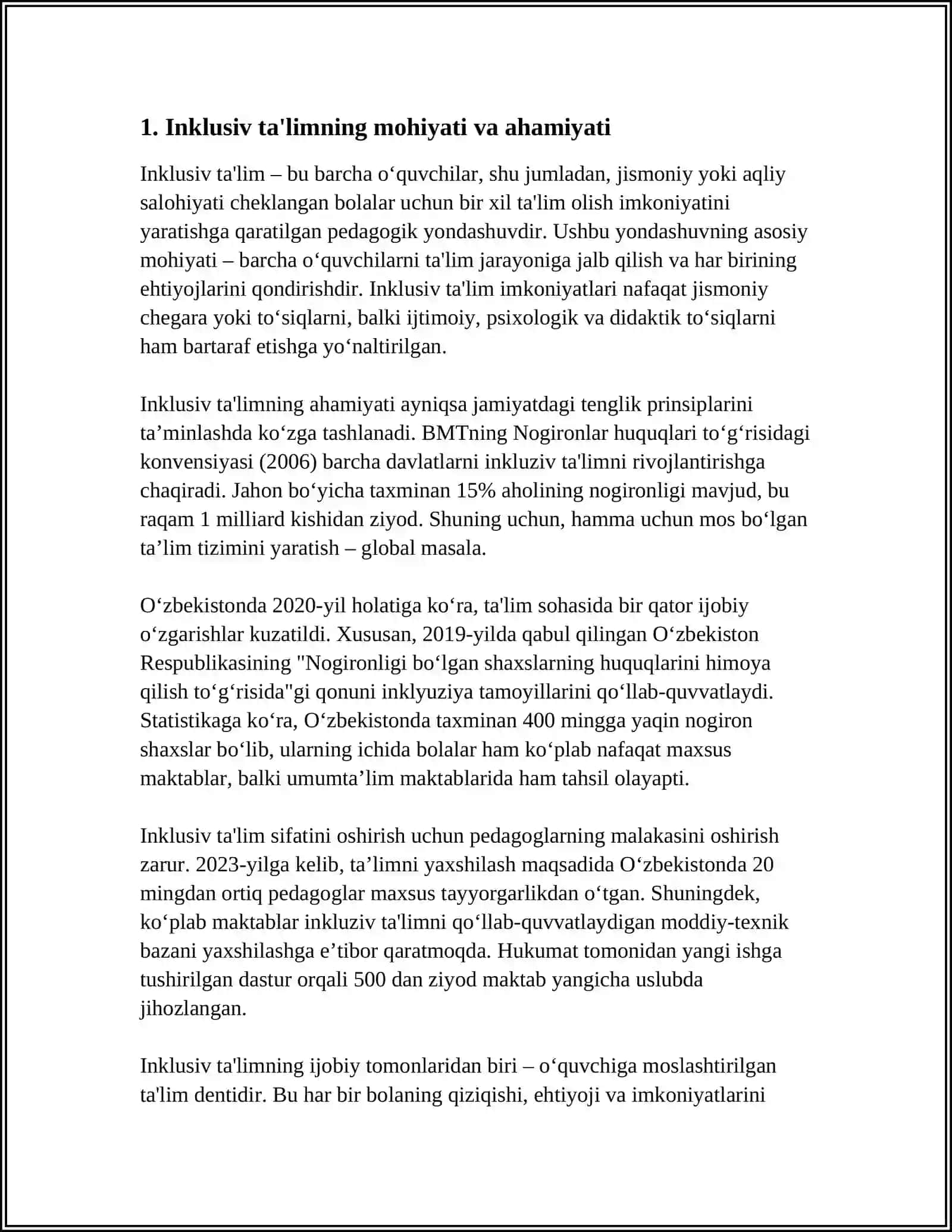 O‘ZBEKISTONDA IMKONIYATI CHEKLANGAN BOLALAR UCHUN INKLYUZIV TA'LIM 3