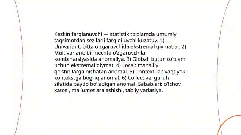 Keskin farqlanuvchi qiymatlarini statistik toʻplamdan chiqarib tashlash usullari 3