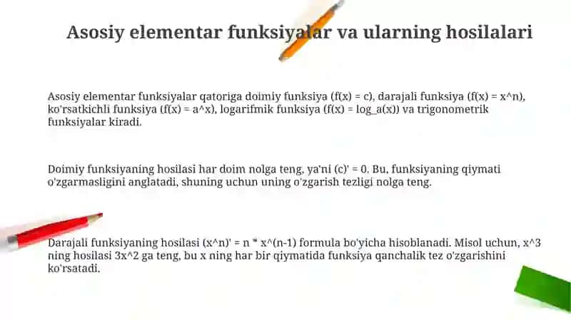 Asosiy elementar funksiyalarning hosilalari 3