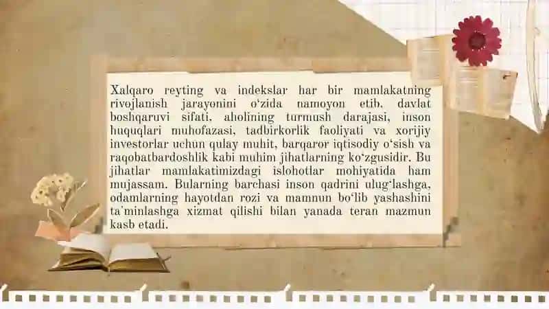 Yangi òzbekiston ijtimoiy siyosiy,iqtisodiy va madaniy hayotida ròy berayotgan òzgarishlarni xalqaro reytingi va indekislarida aks etishi 3