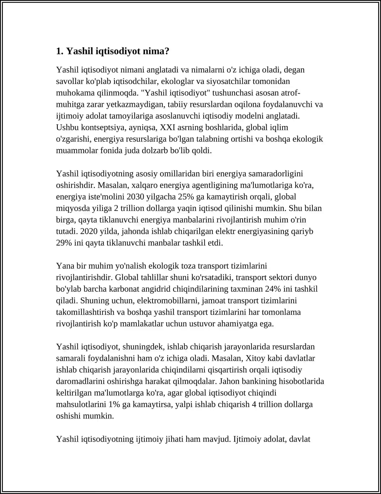 YASHIL IQTISODIYOTGA OʻTISH SIYOSATI HAQIDA MUSTAQIL ISH TAYYORLAB BERING 3